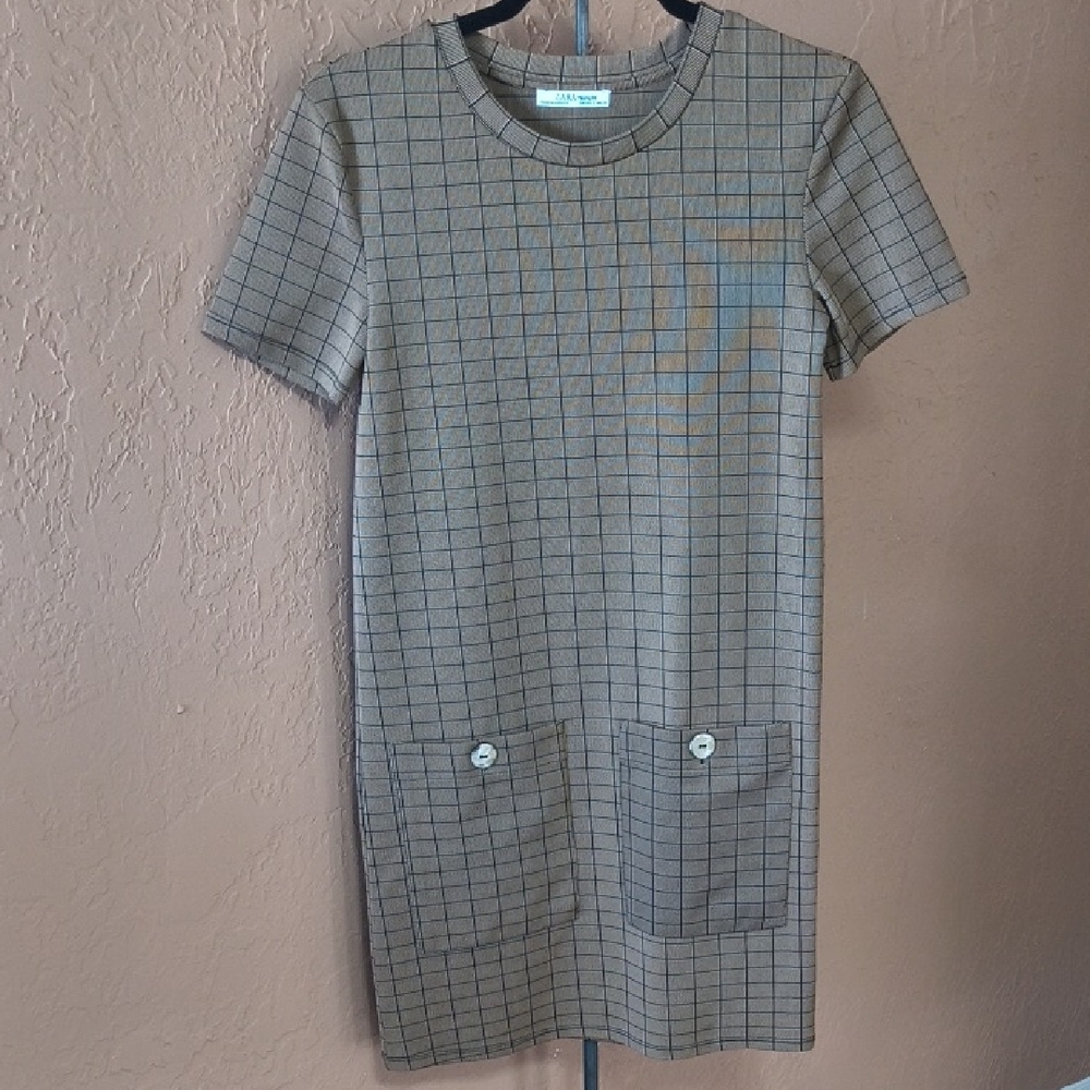 Zara Trafaluc Women's Shirt Sleeve Brown Checkered Dress Size Small